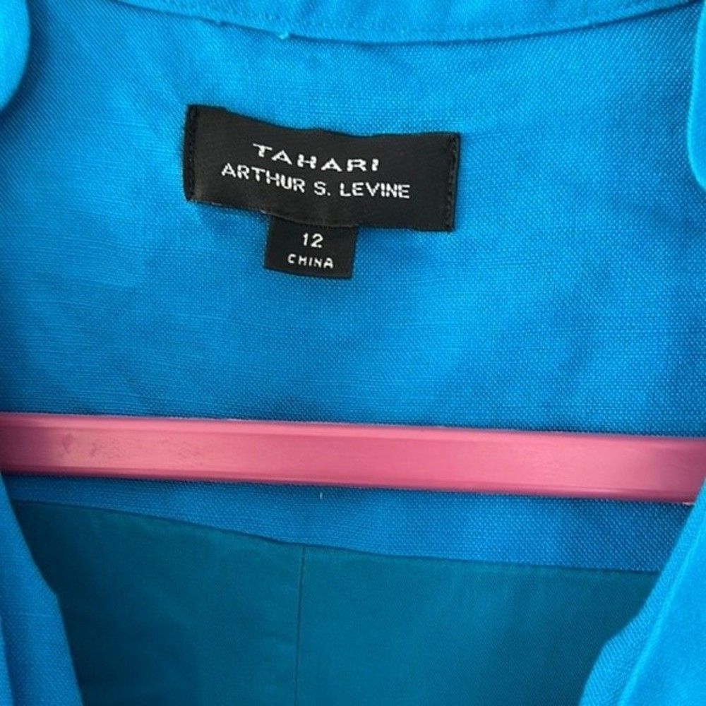 Tahari Arthur S Levine Blue Linen Blend Ruffle Neck Dress Size 12 - Picture 4 of 7